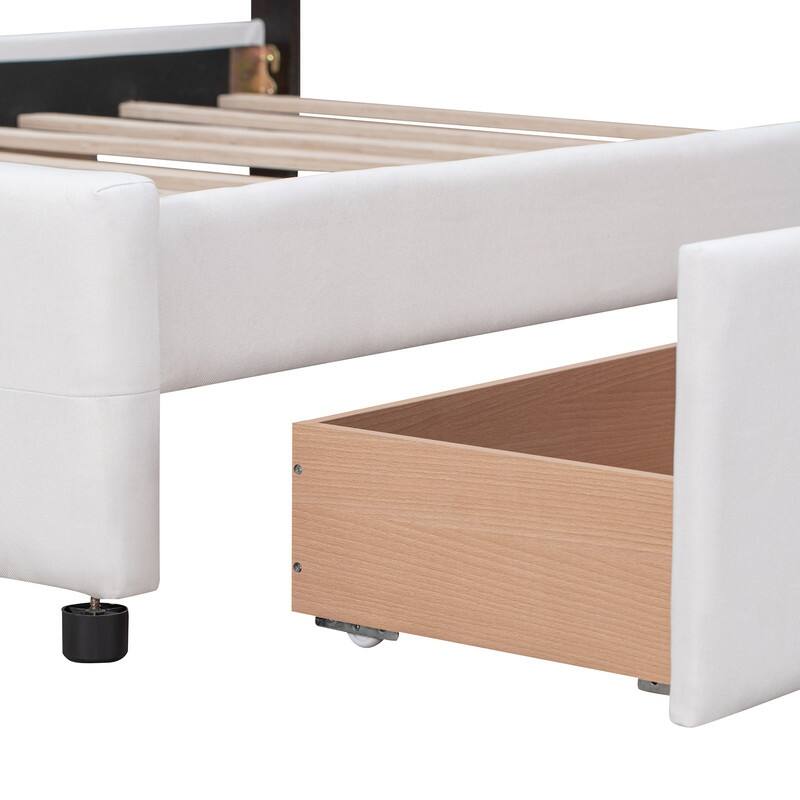 Queen Upholstered Bed Frame with 4 Drawers, Linen Fabric Platform Storage Bed with Classic Headboard and Wooden Slats Support