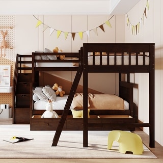 Maximized space Design L-Shaped Wood Bunk Bed With Solid Construction, 3 Drawers, Ladder and Staircase
