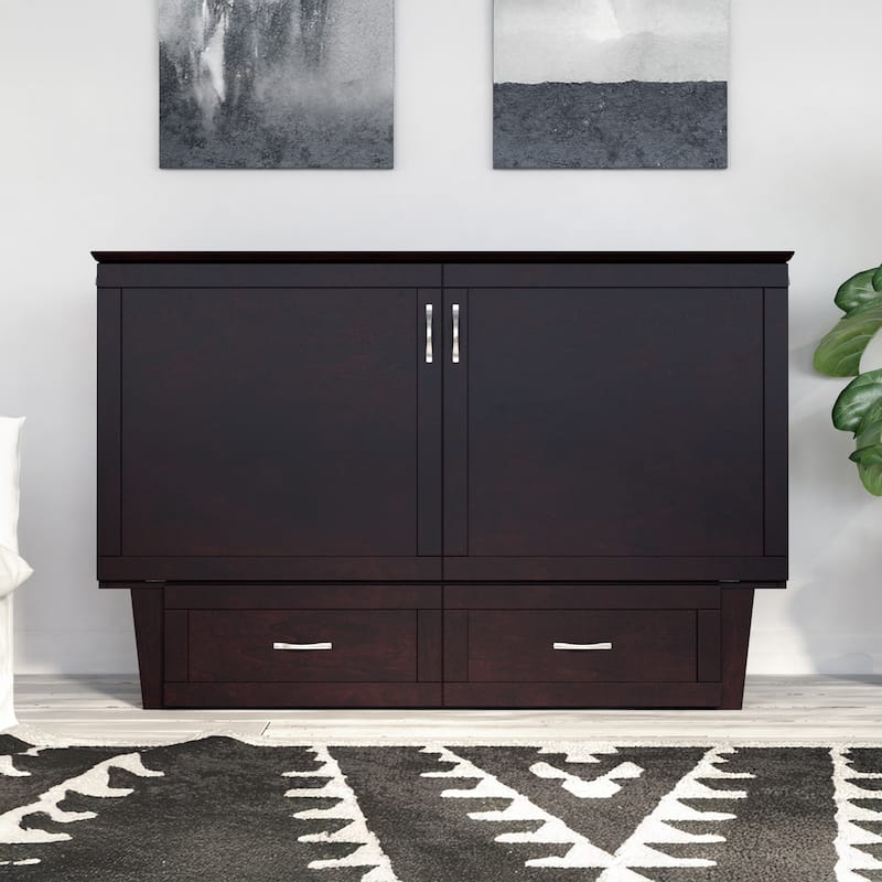 Monroe Queen Murphy Bed Chest with 6" Mattress, Storage Drawer & Built-In Charger in Espresso