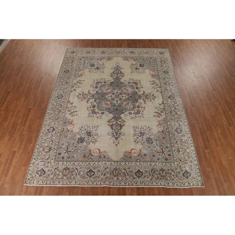 Distressed Tabriz Vintage Persian Area Rug Handmade Wool Carpet - 9'9" x 12'6"