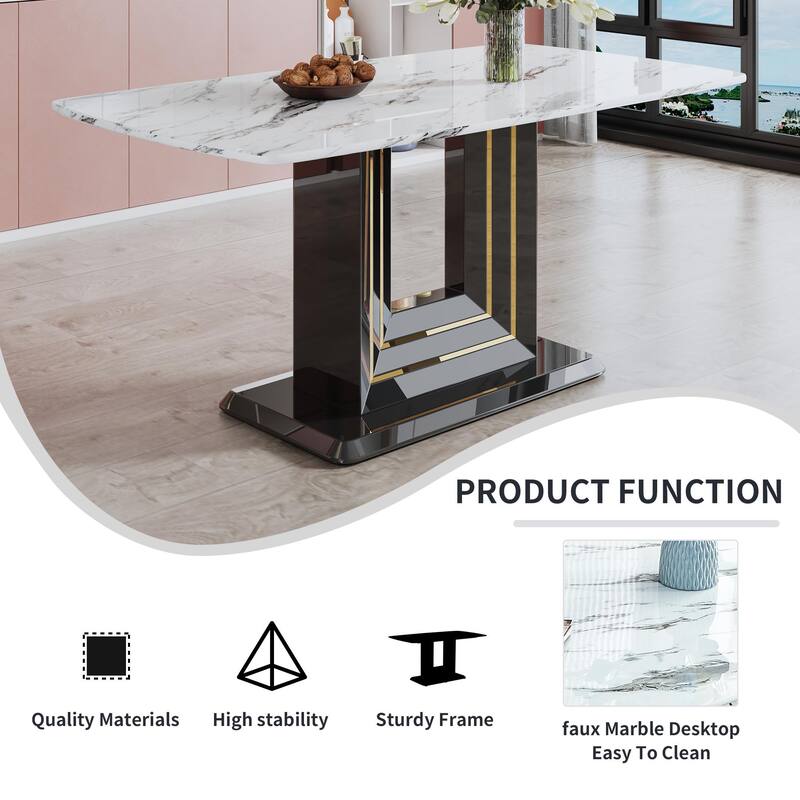 Modern Dining Table Set, 7-Piece Faux Marble Kitchen Table for 6-8, Glass Rectangular Dining Room Table with U-shaped Table Legs