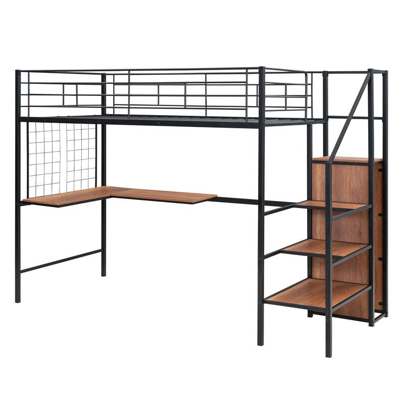 Twin Metal Loft Bed with Desk, Wardrobe, and Storage Ladder, Black