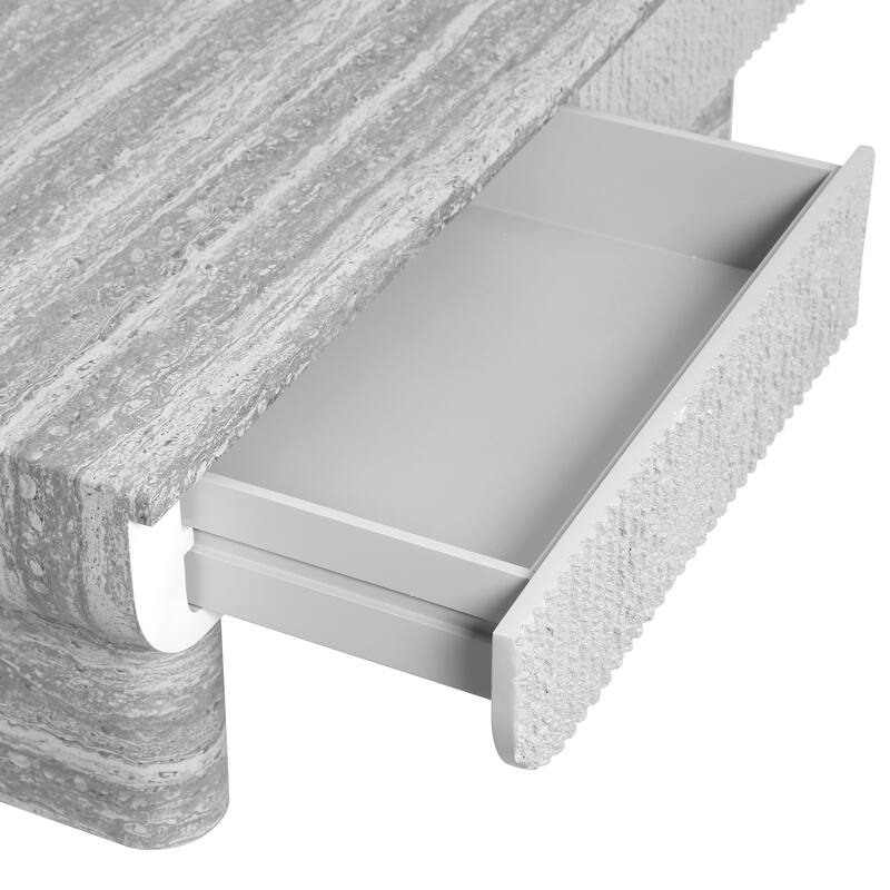 Coffee Table with Grey Wood Texture Tabletop, Mid Century Modern Coffee Table with Fluted Drawer, for Living Room, Office