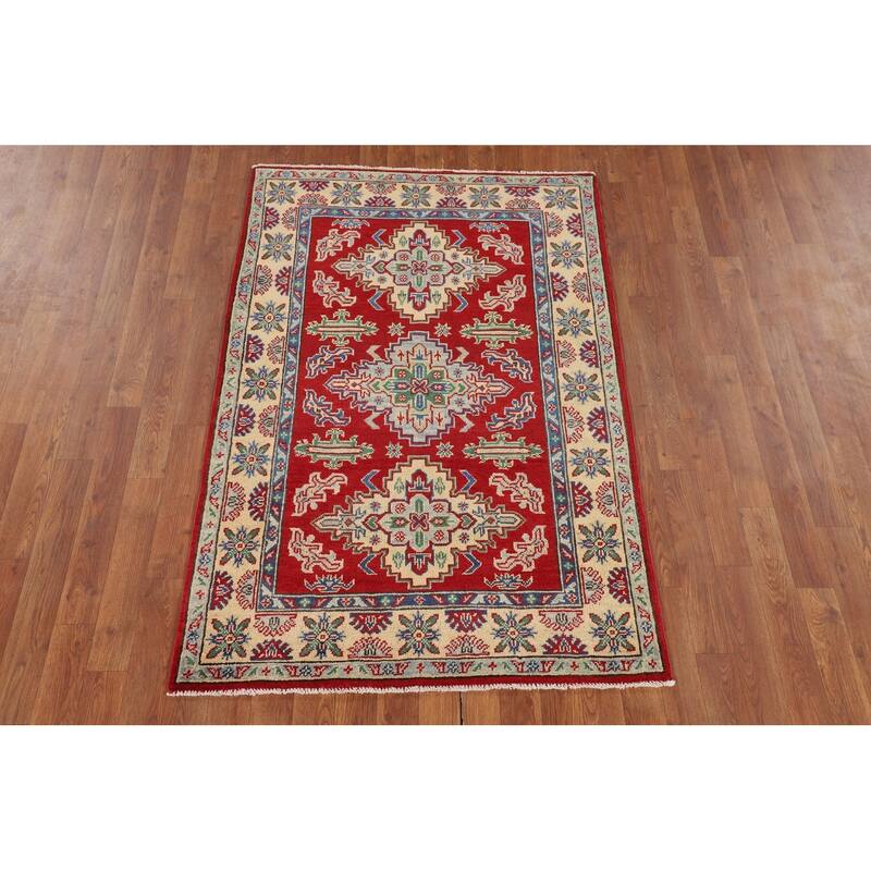 Red Geometric Kazak Foyer Rug Hand-Knotted Oriental Wool Carpet - 3'5" x 5'2"