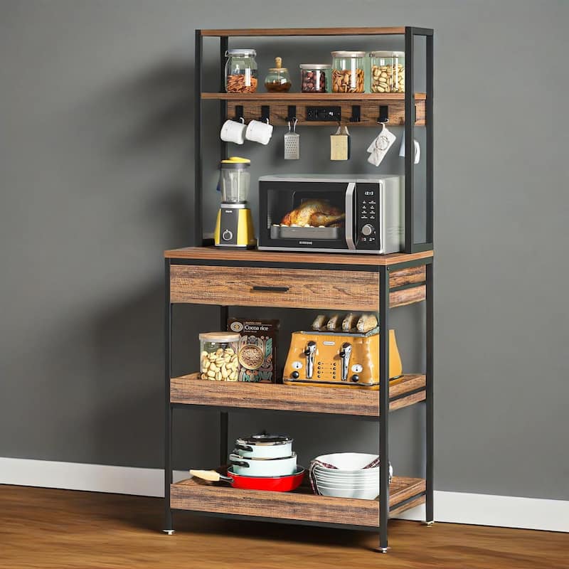 5-Tier Kitchen Bakers Rack with Power Outlets USB Ports, Metal Frame & Particleboard Shelves, Pull-Out Drawer