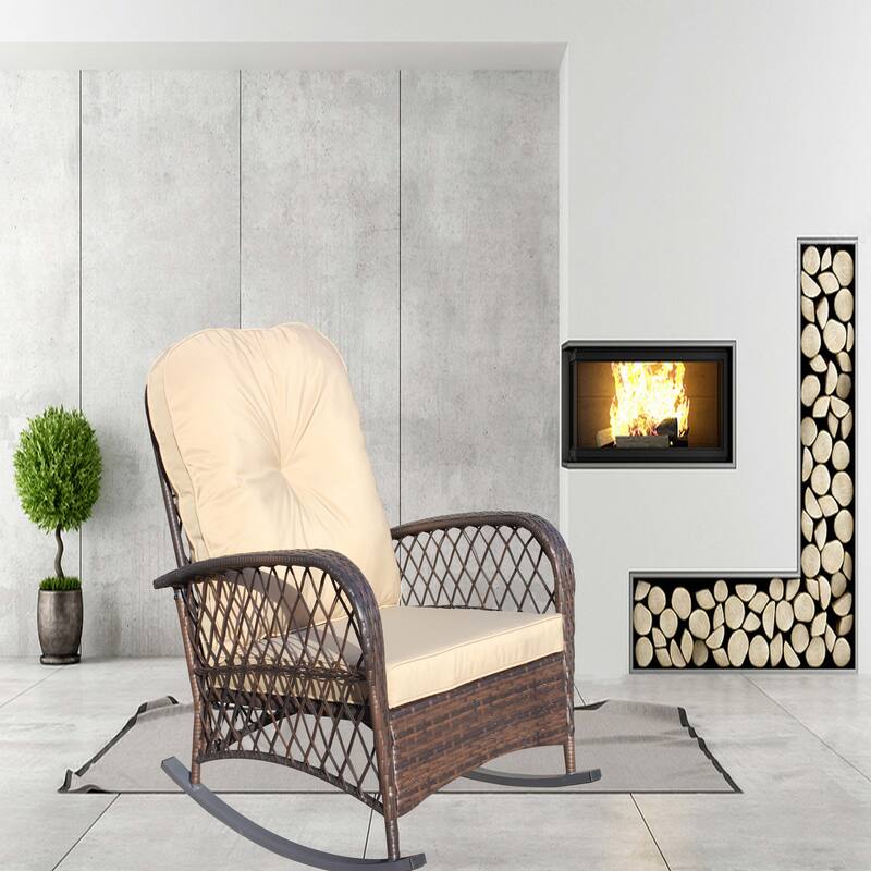 Outdoor Wicker Rocking Chair with Wide Seat, All- Weather Rattan Armchair for Poolside, Garden, Porch, Backyard