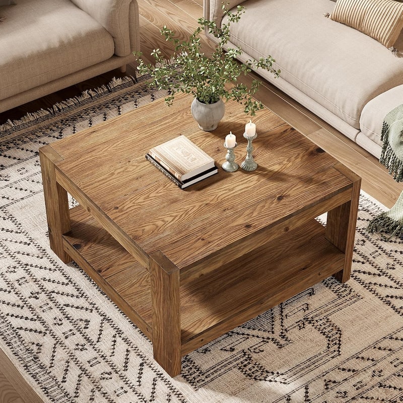 31.5" Square Farmhouse Solid Wood Coffee Table with Storage Shelf for Living Room, Small Space, Office,