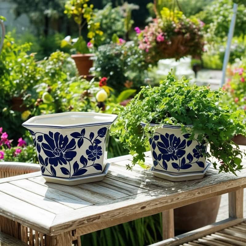 Stoneware Saucer Planters Attached Base for Home Garden (Set of 2) - Dark Blue - 12.5" x 11.5" x 7.2"