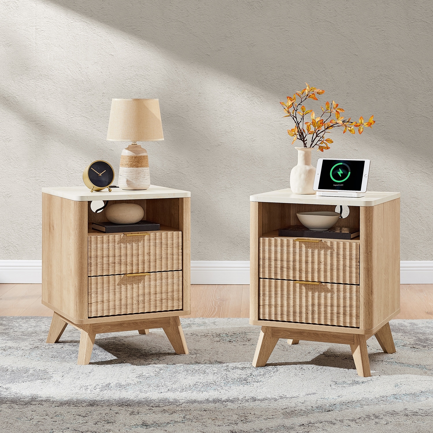 Modern Fluted Nightstand Set of 2 for Bedroom with Charging Station
