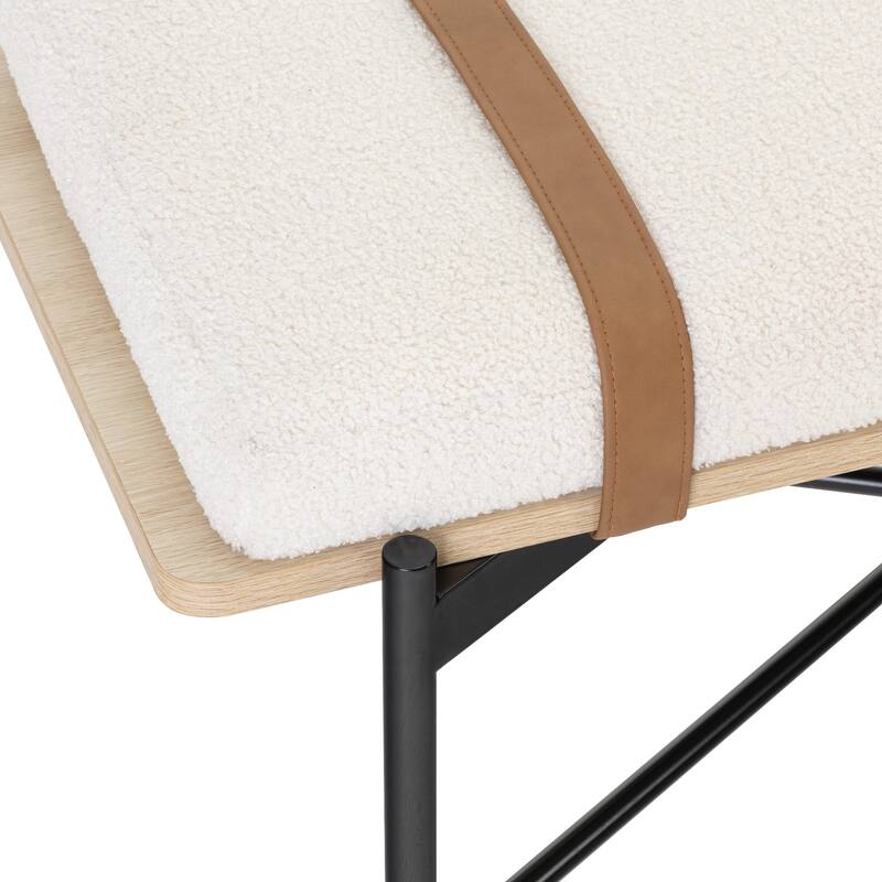 Thatcher Upholstered Entryway Bench with Removable Boucle Cushion, Vegan Leather Straps, Metal Legs