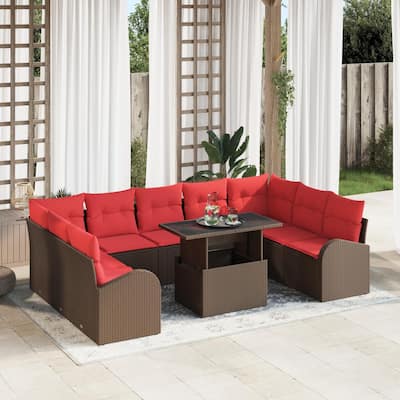 vidaXL 10 Garden Sofa Set with Cushions Black/Brown/Grey Poly Rattan - 113.8 x 70.5 x 27.2