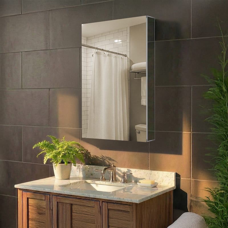 Bathroom Medicine Cabinet, Aluminum, Recessed/Surface Mount, Right/Left Hinged, Mirrored Interior - 15 X 30