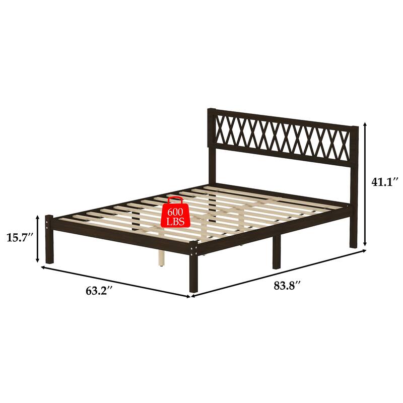 Solid Rubber Wood Platform Bed Frame with Decorative Headboard Queen Size Wooden Bed