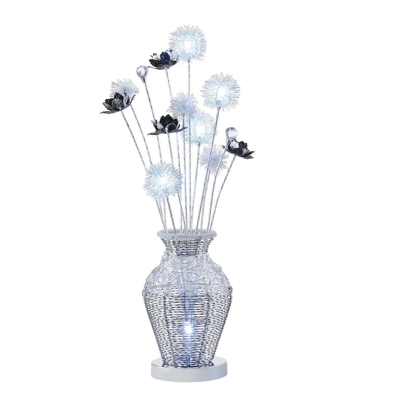 32 Inch Accent Table Lamp, Metal Flowers with Vase Design, Chrome Finish