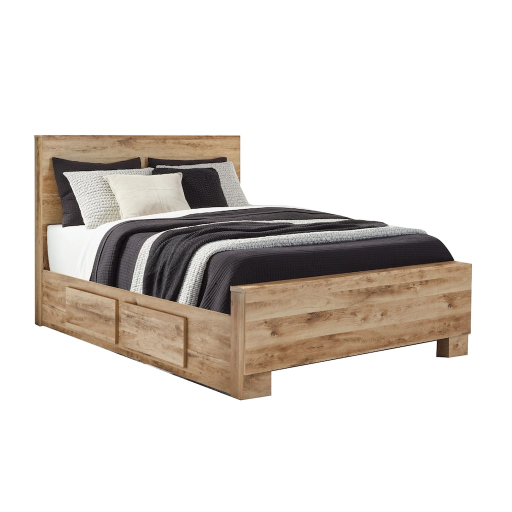 Oma Queen Panel Bed, 4 Storage Drawers, Rustic Finish, Brown Wood