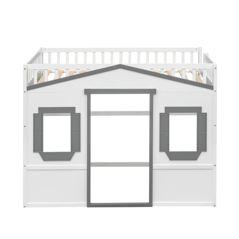Modern House Bed Twin Size Loft Bed Solid Pine Wood Bed Frame with Door, Windows, Ladder and Safety Guardrails