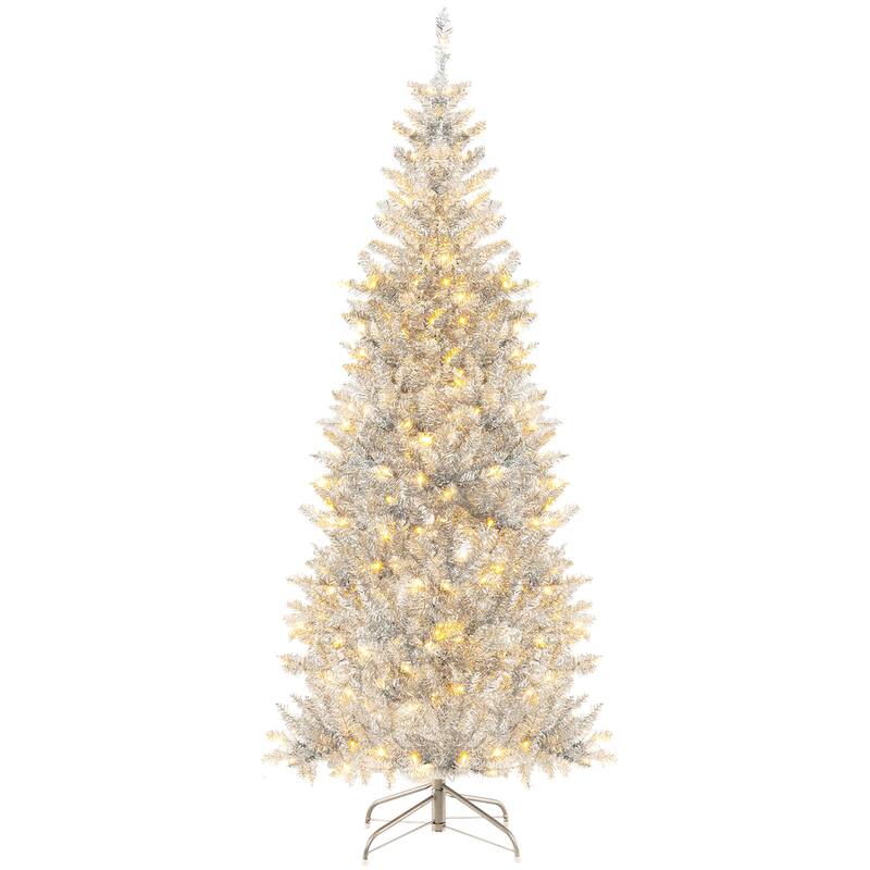 Gymax 6 FT Pre-lit Artificial Silver Tinsel Christmas Tree Slim Pencil
