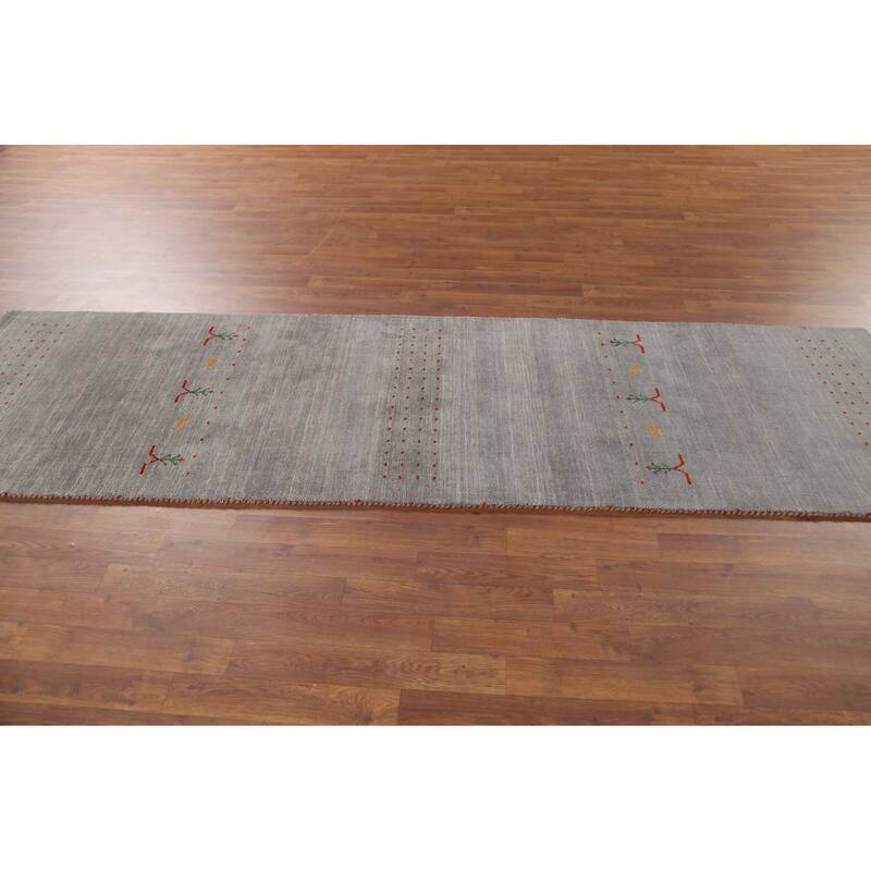 Gray Gabbeh Runner Rug Hand-Knotted Tribal Modern Wool Carpet - 2'10"x 9'7"