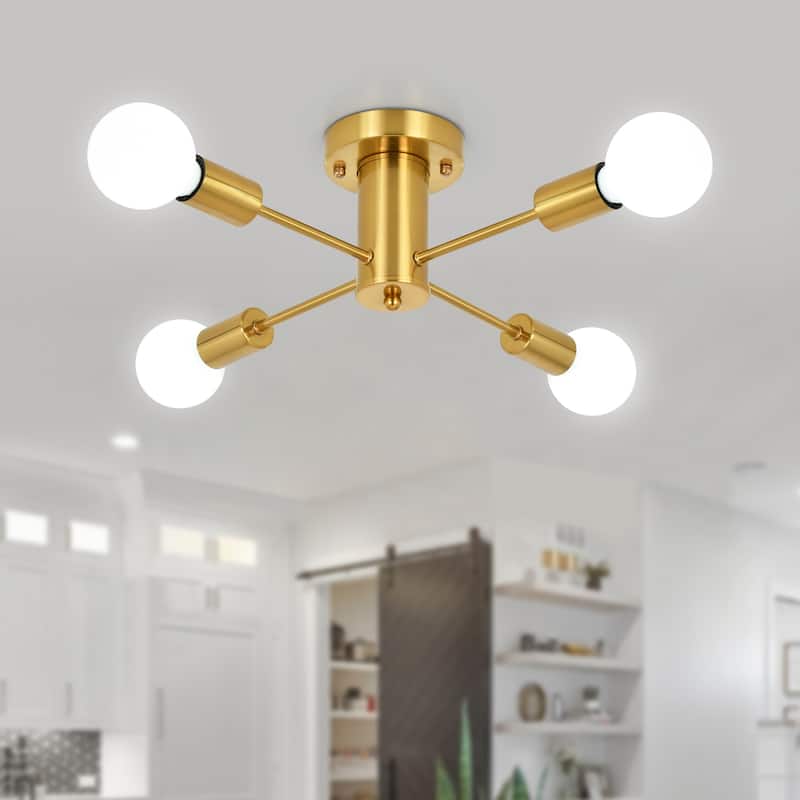 4-Light Modern Semi Flush Mount Chandelier for Bedroom Study Room - Gold