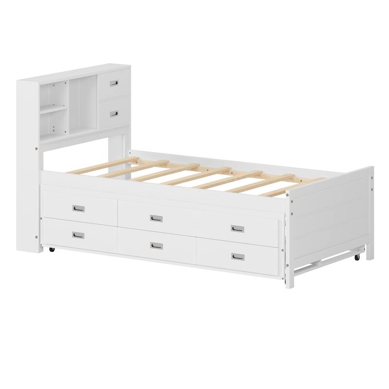 Full/Twin Size Captain Bed with Storage Bookcase Headboard,Captain bed with Trundle and Three Storage Drawer