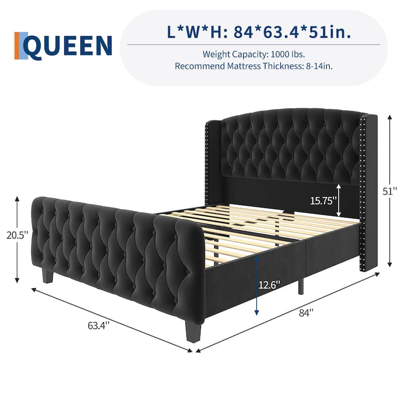 51" Tall Queen Size Bed Frame with Deep Button Tufted Wingback Headboard and Footboard