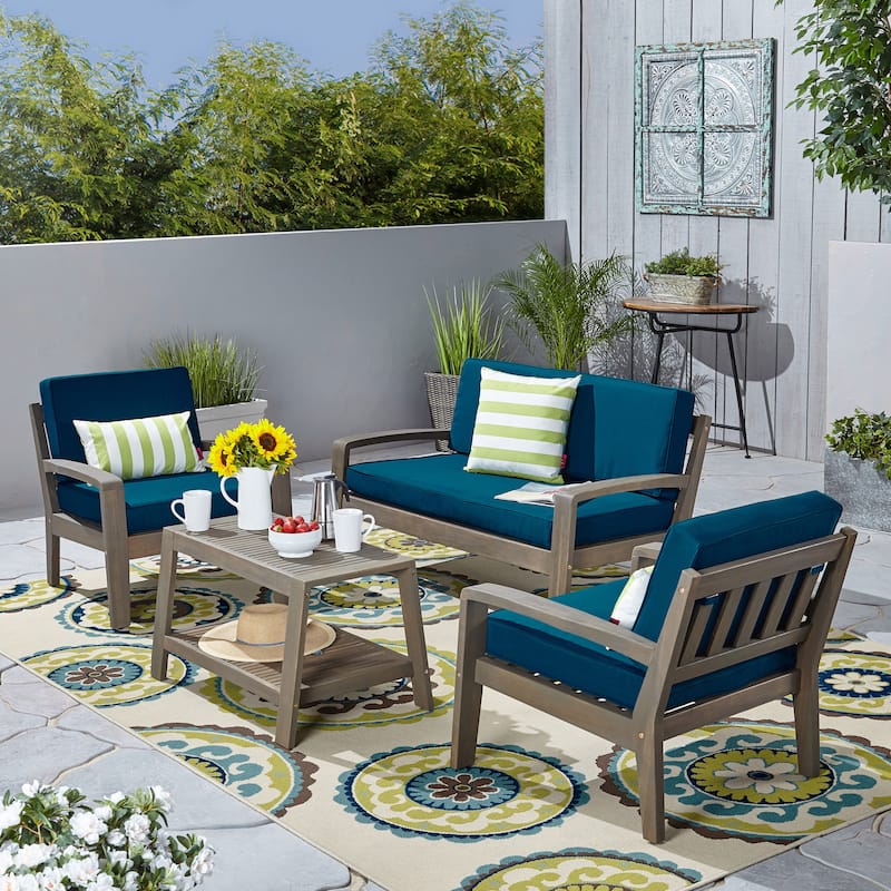 Grenada 4-Piece Outdoor Wood Chat Set with Cushions by Christopher Knight Home - Grey Finish + Dark Teal Cushion