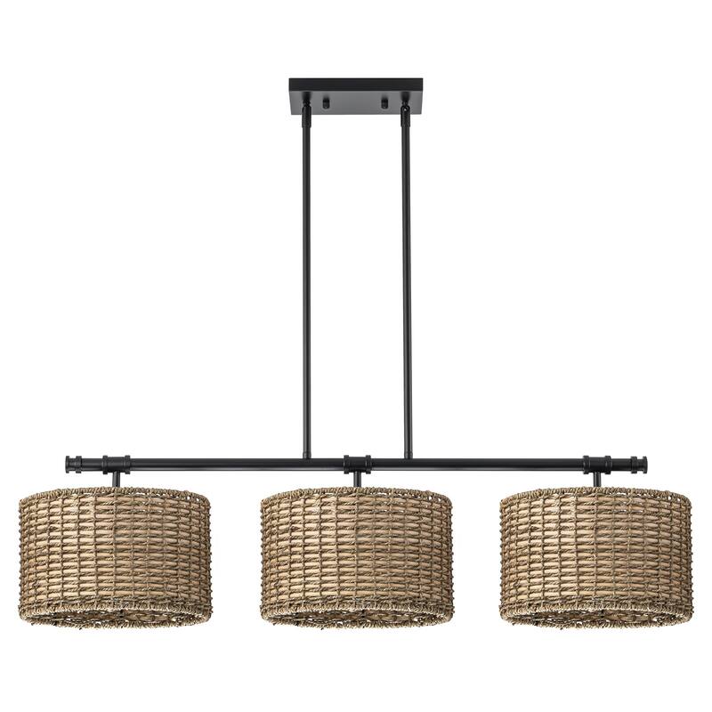 3-Light Modern Farmhouse Black Linear Drum Handwoven Rattan Pendant Light for Kitchen Island