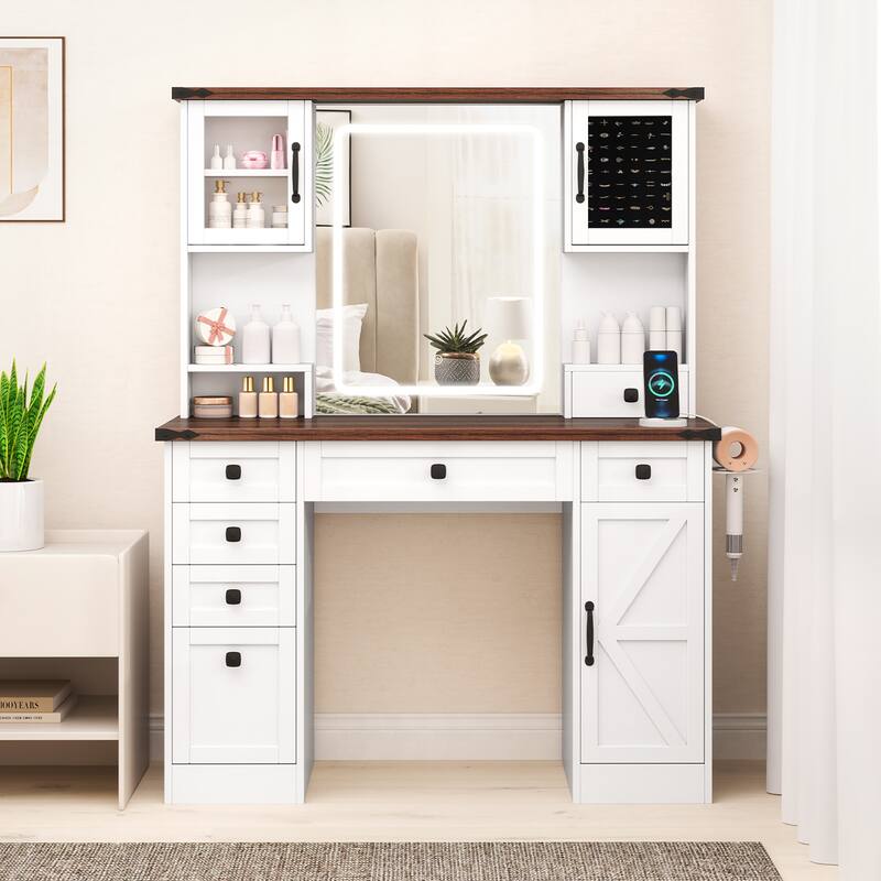 Gymax Farmhouse Vanity Desk w/ Lighted Mirror Makeup Vanity Table w/ 3