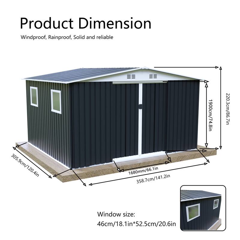 12FTx10FT Outdoor Storage Garden Shed With 4 Windows