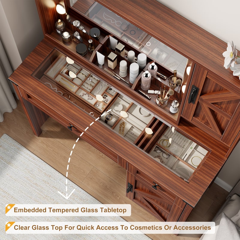 39.3" Farmhouse Makeup Vanity Desk with Mirror and LED Lights, Rustic Vanity Table