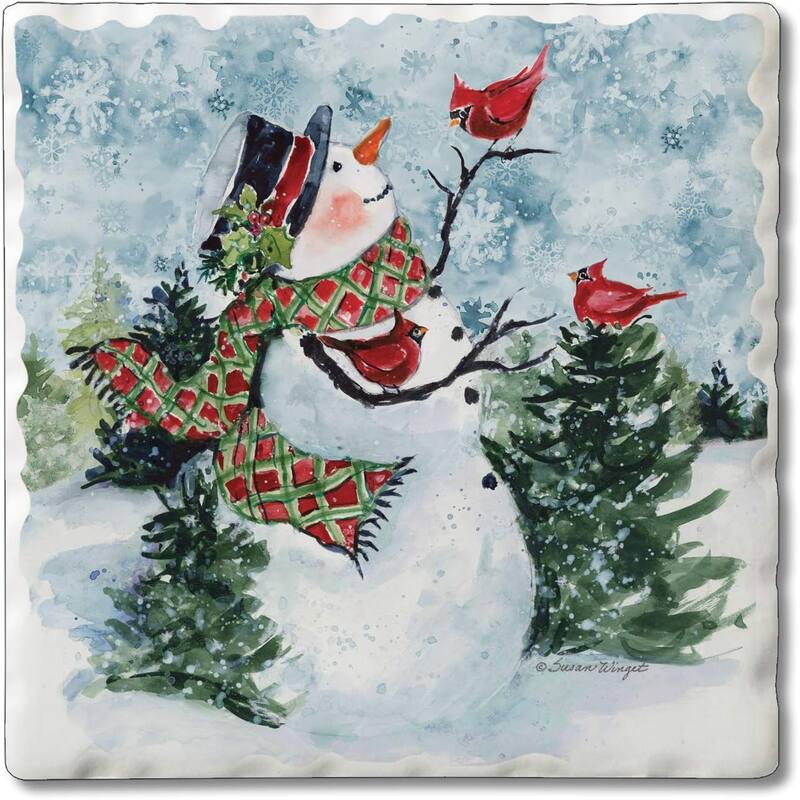 Snowman Perch Single Tumbled Tile Stone Coaster with Protective Cork Backing Made in The USA 4" Square, Easily Wipes Clean - 4x4x292