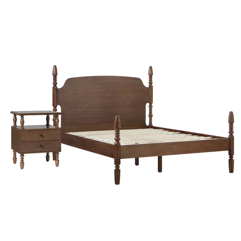 Walker Edison Spindle Queen Bed with 2-Drawer Nightstand Bedroom Set