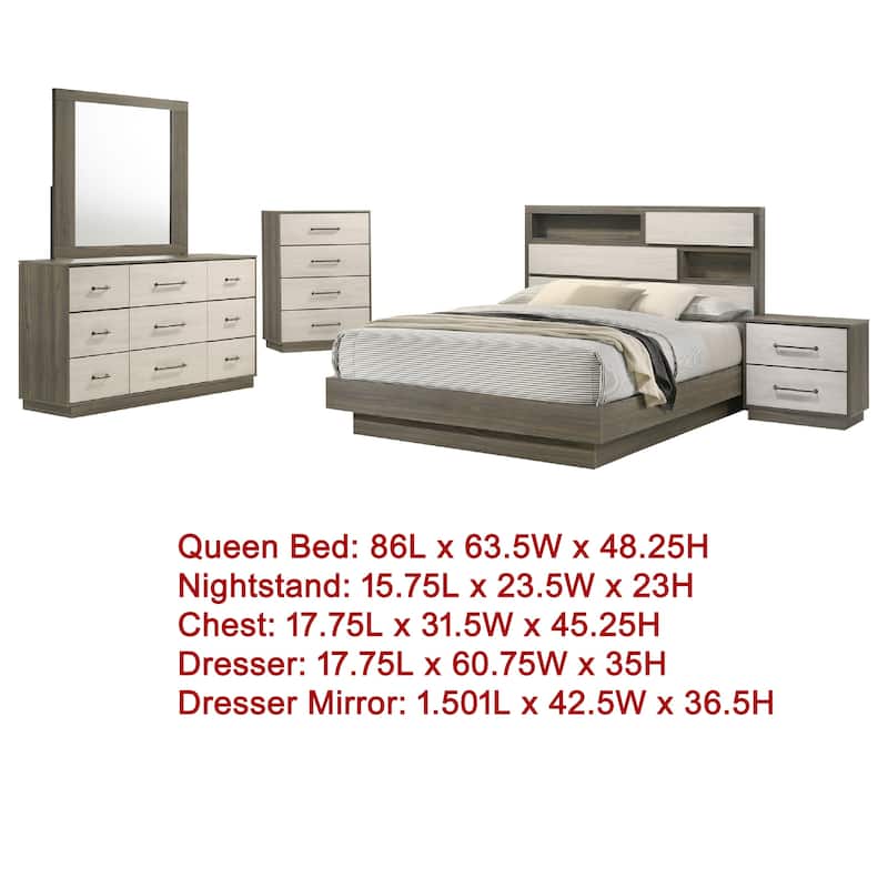 Fene 5pc Queen Bedroom Set, Gray, Brown, Built In Headboard Bookcase