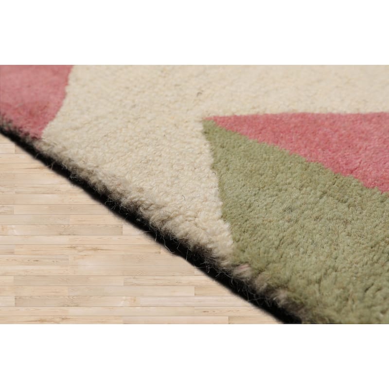 3x5 Oriental Rug with Chevron Patterns Ivory Wool Hand Tufted - 3' x 5'