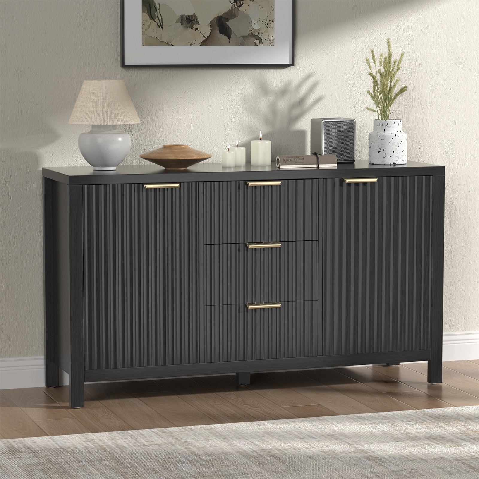 Sideboard Storage Cabinet, Fluted Credenza Buffet Cabinet with Two Doors and Three Drawers for Kitchen and Living Room