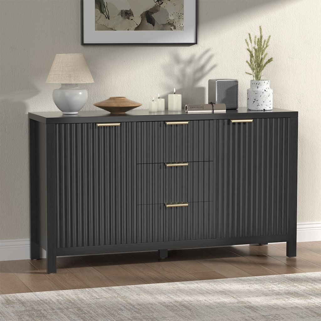 Sideboard Storage Cabinet, Fluted Credenza Buffet Cabinet with Two Doors and Three Drawers for Kitchen and Living Room