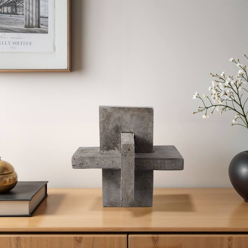 Stone Metal Decorative Object Interlocking Block Geometric Sculpture - 9" x 9" x 9"