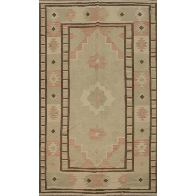 Hand Woven Oriental 100% Wool Carpet Southwestern Tribal Beige & Ivories Kilim Area Rug - 8' 8'' X 5' 10''