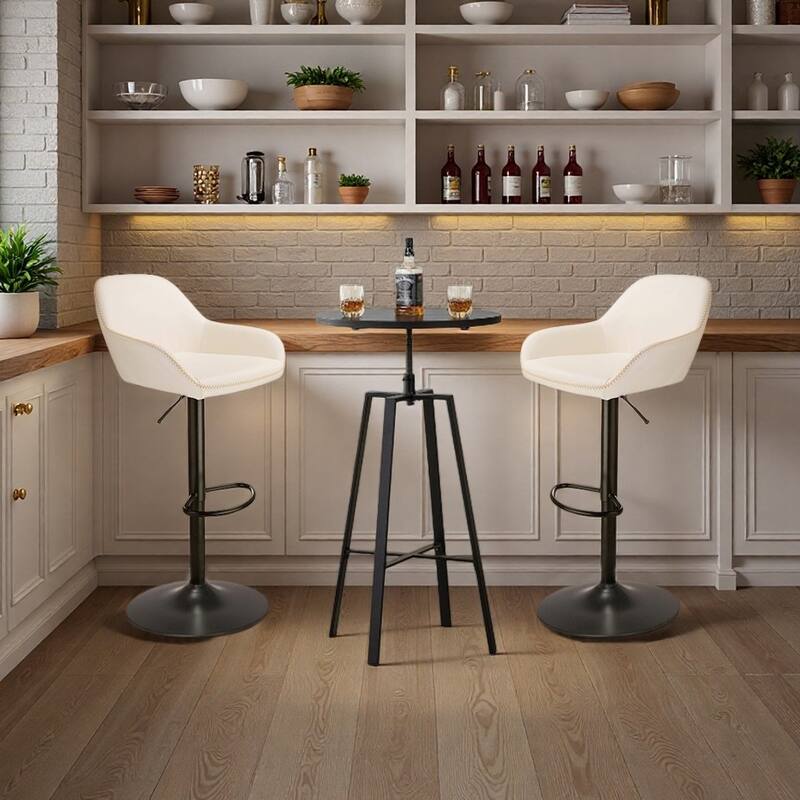Glitzhome Set of 3 Height Adjustable Swivel Pub Table Bar Stools Set for Kichen Dining - Black Table & White Chairs