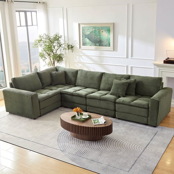 slide 2 of 3, Oversized Sectional Sofa L Shaped Corner Couch Corduroy Upholstery Convertible Sleeper Sofa Couch 5 Seats-Green - Left Facing