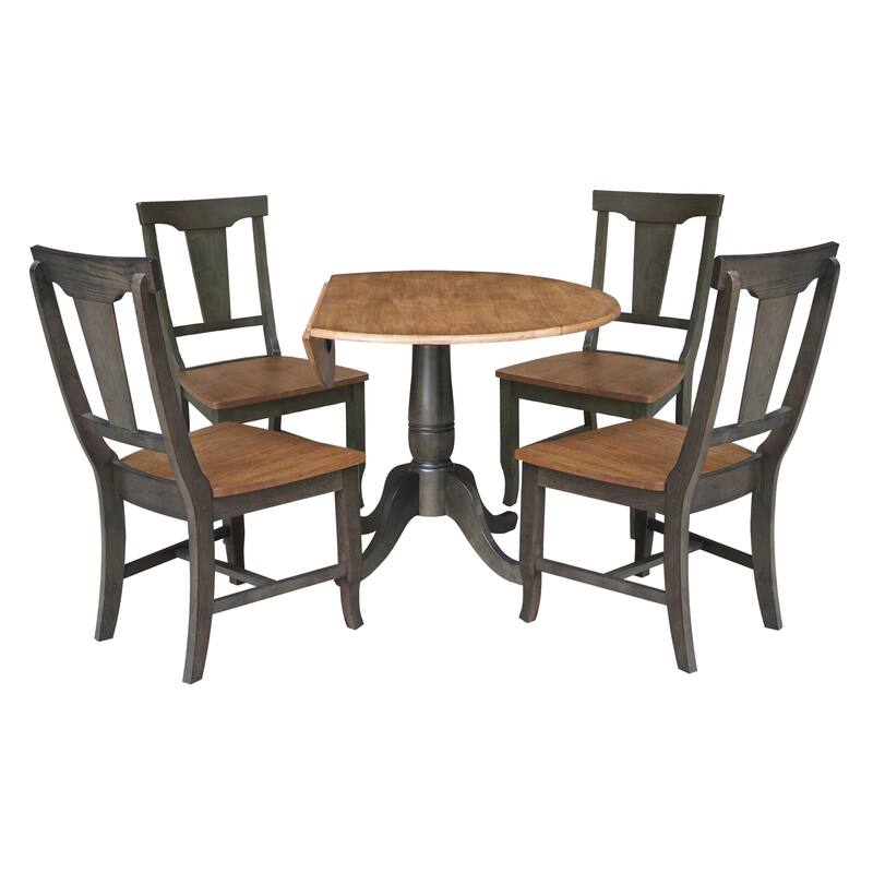 42 in. Dual Drop Dining Table with 4 Panel Back Chairs in Hickory/Washed Coal