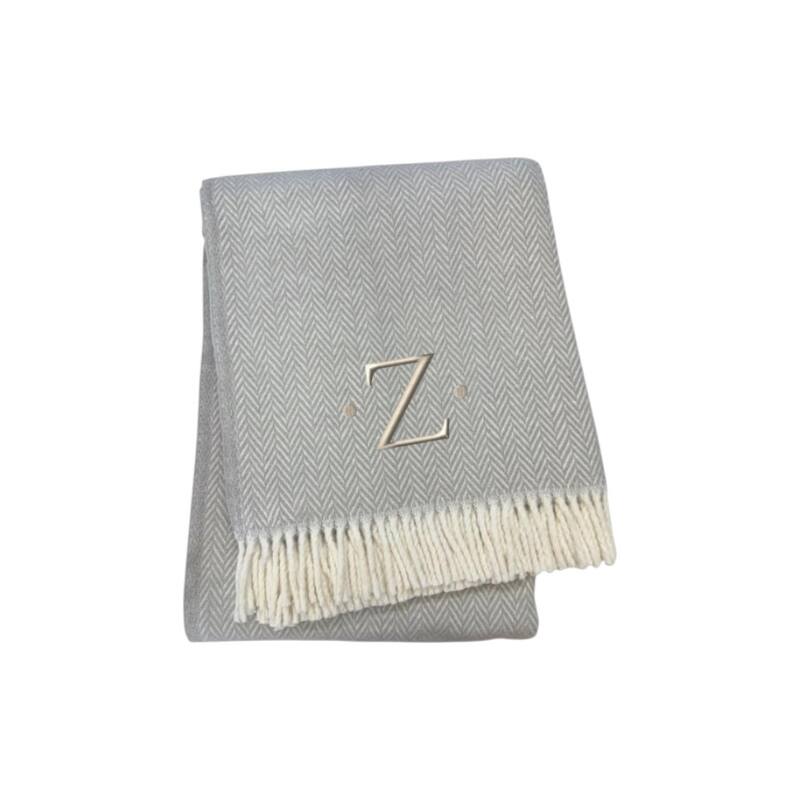 55" X 70" Gray And White Herringbone Cotton Blend A Initial Throw Blanket with Tassels And Embroidery - Z