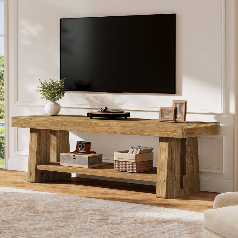 63-Inch Farmhouse TV Stand, 2-Tier Solid Wood Entertainment Center