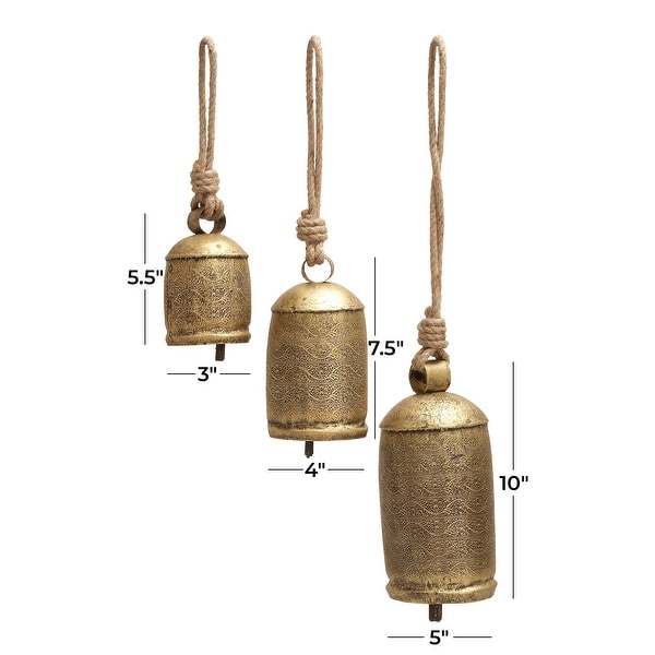 Gold, Gray, Bronze, Black or Red Metal Tibetan Inspired Decorative Cow Bells  with Jute Hanging Rope (Set of 3) - On Sale - Bed Bath & Beyond - 22695320