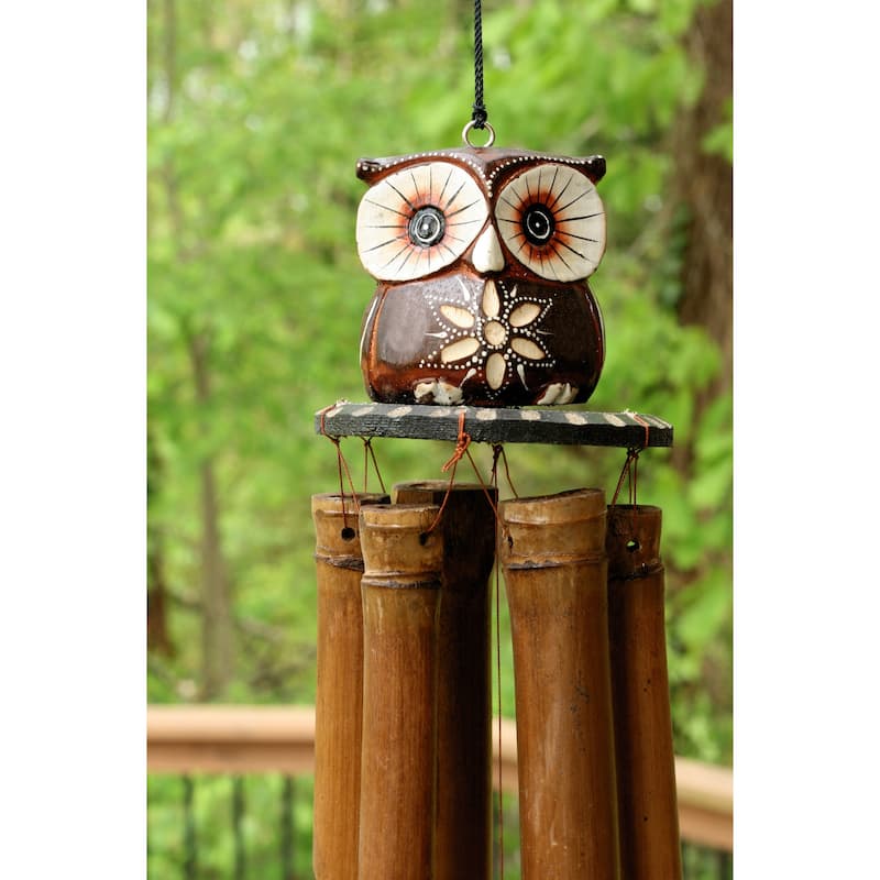 Handmade Wooden Mini Owl Bamboo Wind Chime Wood Statue Figurine Hoot Sculpture Art Decorative Rustic Patio Garden Outdoor Decor