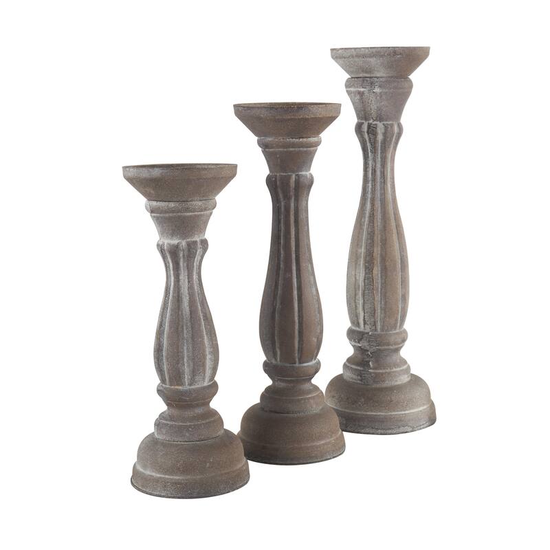 Wooden Distressed Turned Decorative Candle Holder - Set of 3 Gray, Brown, Blue, Green - Roche River Decor