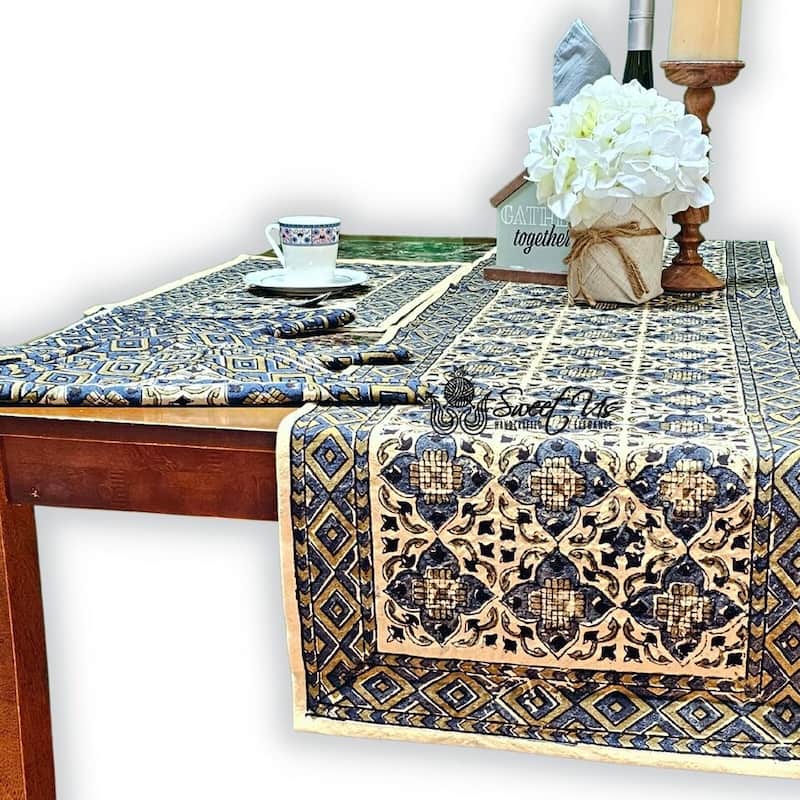 Vegetable Dyed Block Print Cotton Moroccan Tablecloth Collection - Runner - Forest Twilight