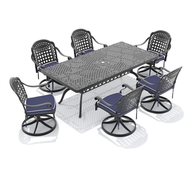 7-Piece Aluminum Rectangular Outdoor Patio Dining Set, 6 Cushioned Swivel Chairs, Table, All-Weather Frames