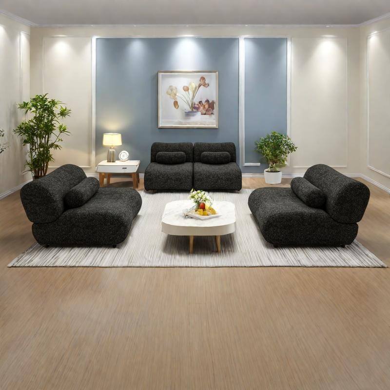Chenille Modular 4-Seater Sectional Sofa Set with Cylindrical Pillows and 70° Reclined Backrest - Black