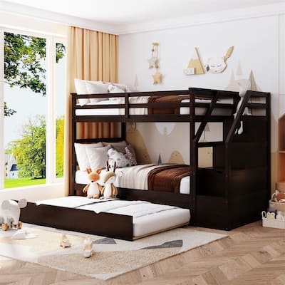 Merax Wood Bunk Bed with Twin Size Trundle and 3 Storage Stairs